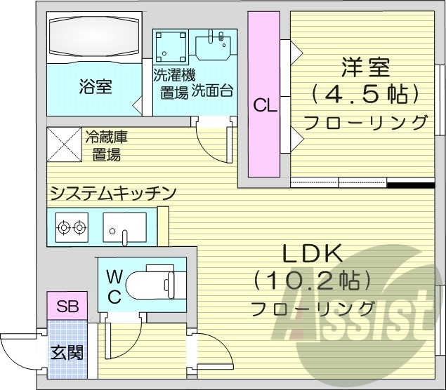 1LDK、オートロック、ネット無料、システムキッチン