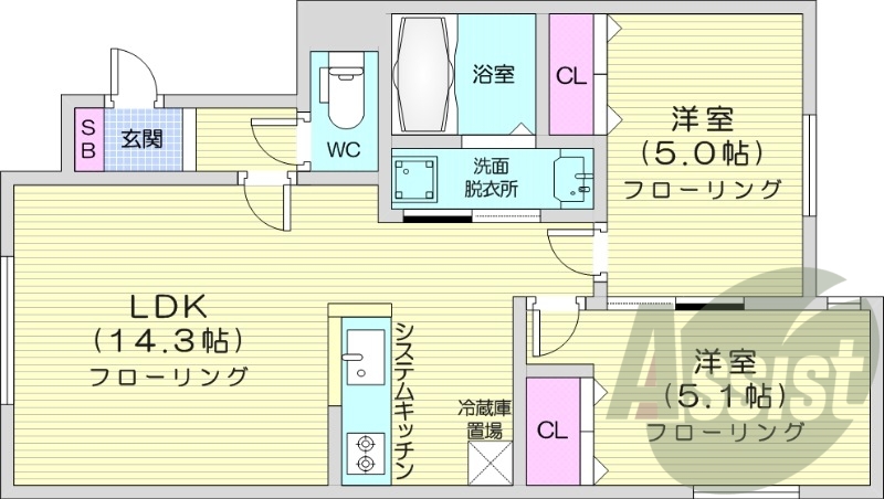 2LDK、エアコン、追い焚き、システムキッチン