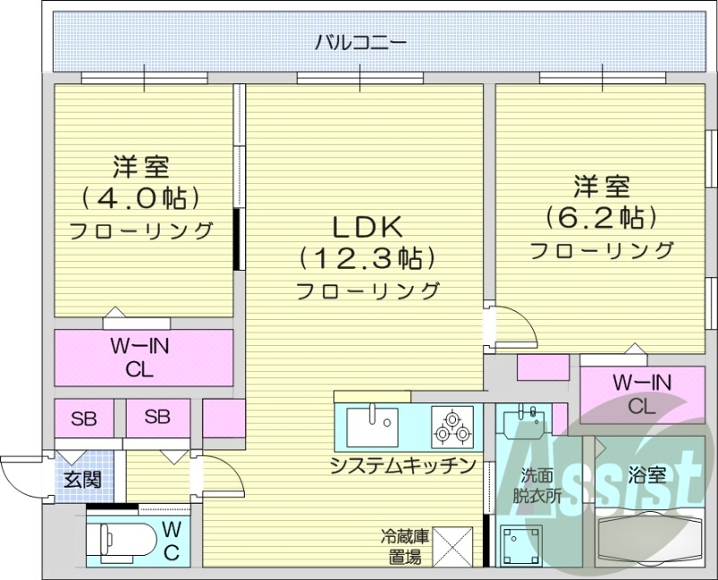 2LDK、都市ガス、エアコン、浴室乾燥機