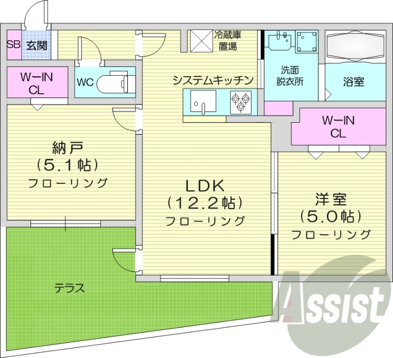 2LDK、都市ガス、エアコン、浴室乾燥機