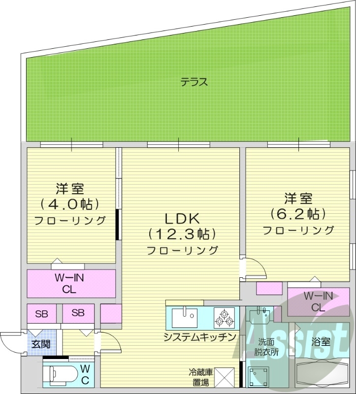 2LDK、都市ガス、エアコン、浴室乾燥機