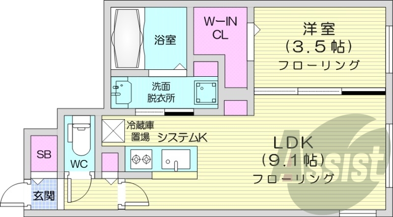 1LDK、都市ガス、エアコン、浴室乾燥機