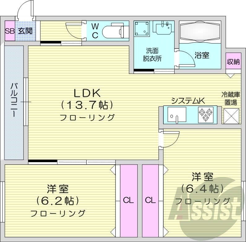 2LDK、都市ガス、エアコン、追い焚き、1坪バス