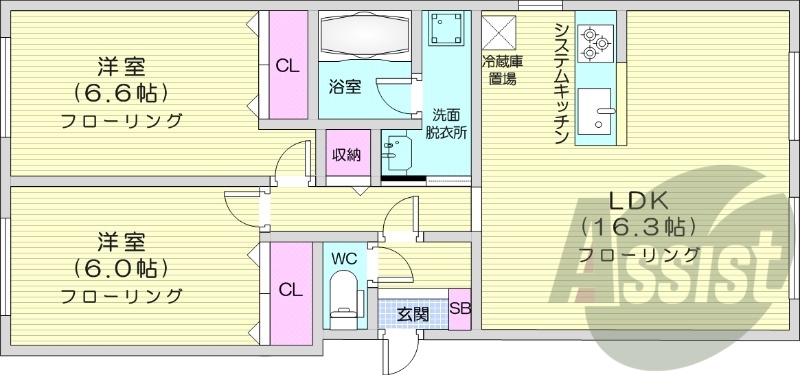 2LDK、都市ガス、エアコン、追い焚き、1坪バス