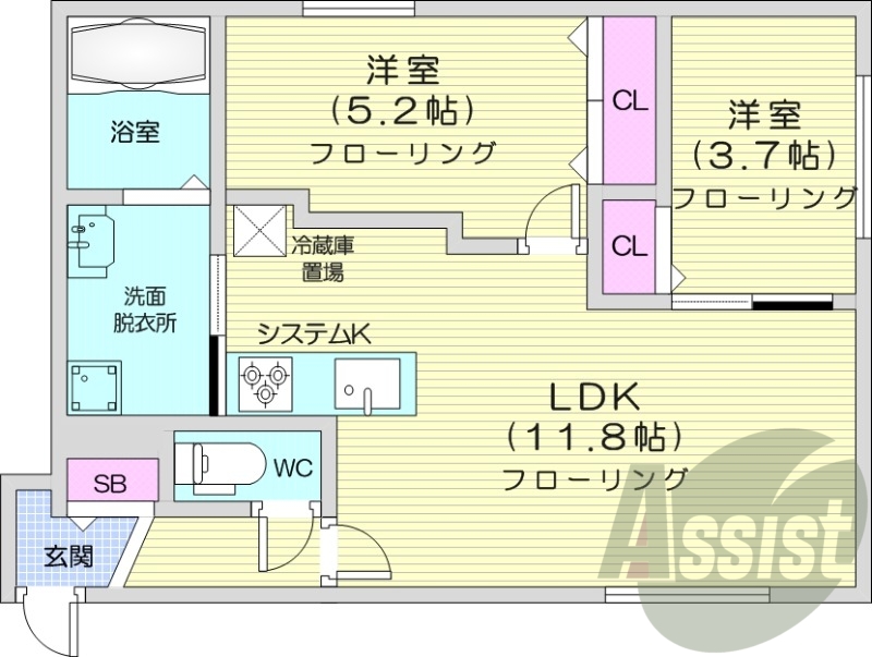 2LDK、エアコン、都市ガス、システムキッチン