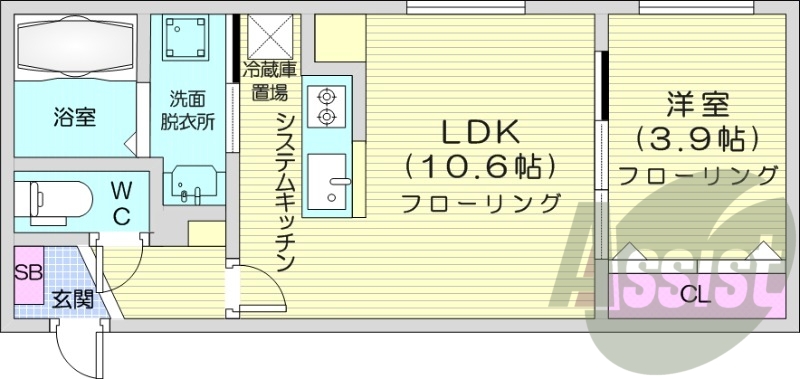 1LDK、エアコン、都市ガス、システムキッチン