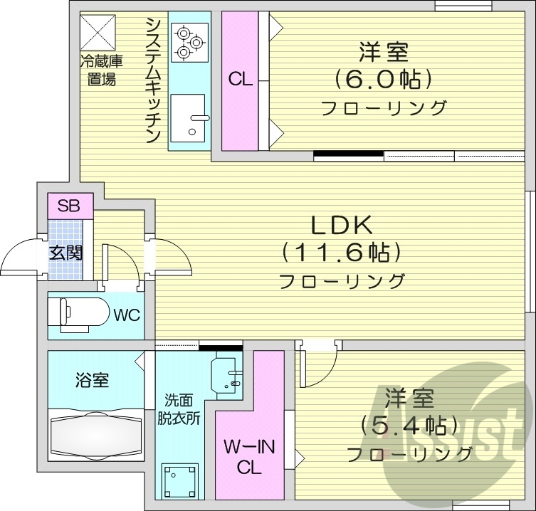 2LDK、エアコン、都市ガス、システムキッチン