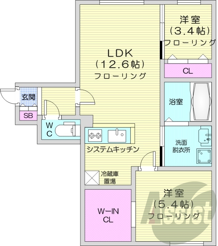 2LDK、エアコン、ガスリミット、システムキッチン