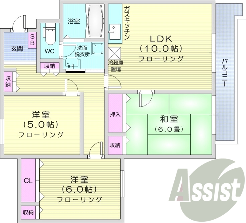 3LDK、エアコン、灯油暖房、独立洗面台