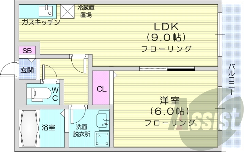 1LDK、オートロック、灯油FF暖房、洗面台