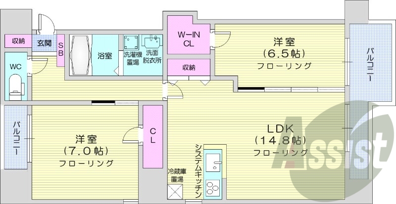 2LDK、システムキッチン、エアコン、追い焚き