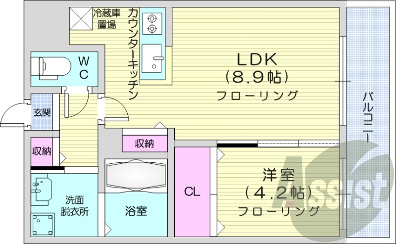 1LDK、収納、都市ガス、ネット無料、宅配BOX