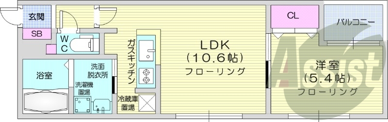 1LDK、都市ガス、ネット無料、エアコン、バストイレ別