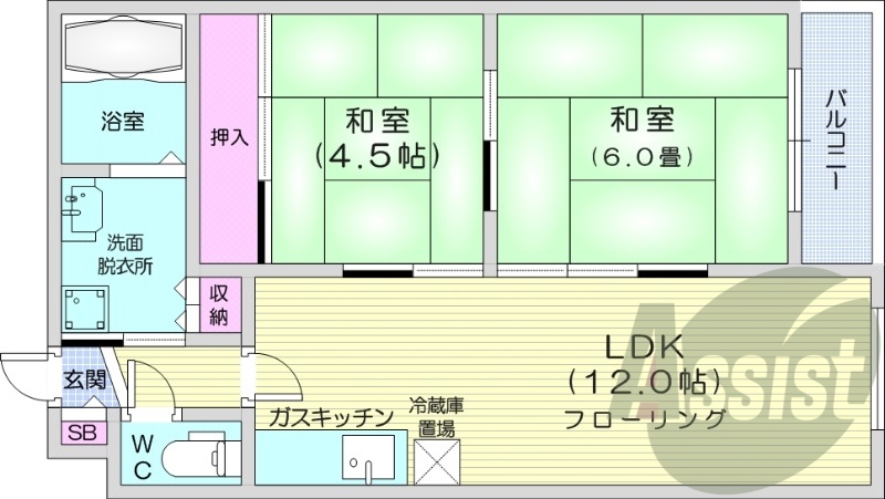 2LDK、バストイレ別、独立洗面台
