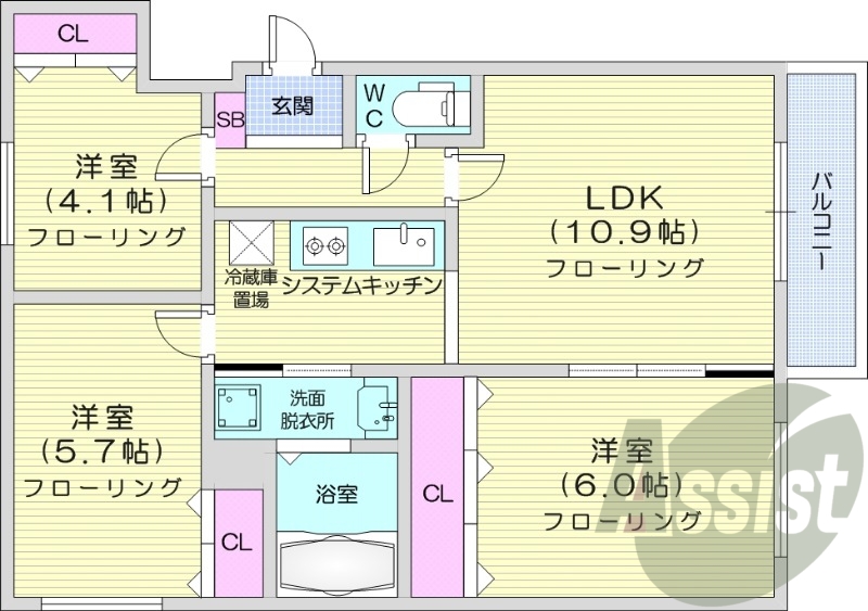3LDK、都市ガス、システムキッチン、独立洗面台