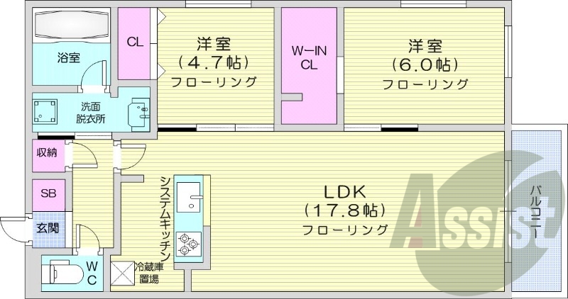 2LDK、エアコン、システムキッチン、ネット無料