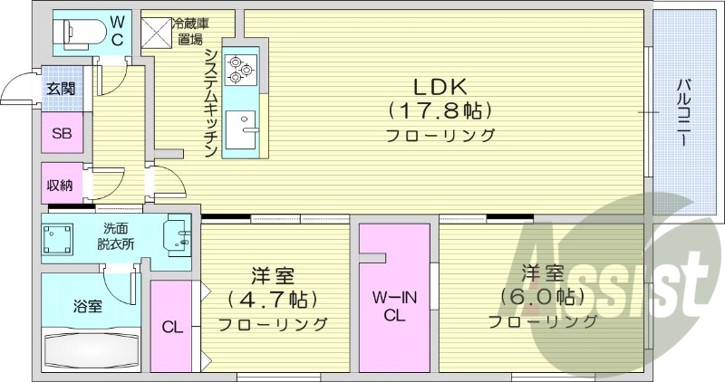 2LDK、エアコン、システムキッチン、ネット無料