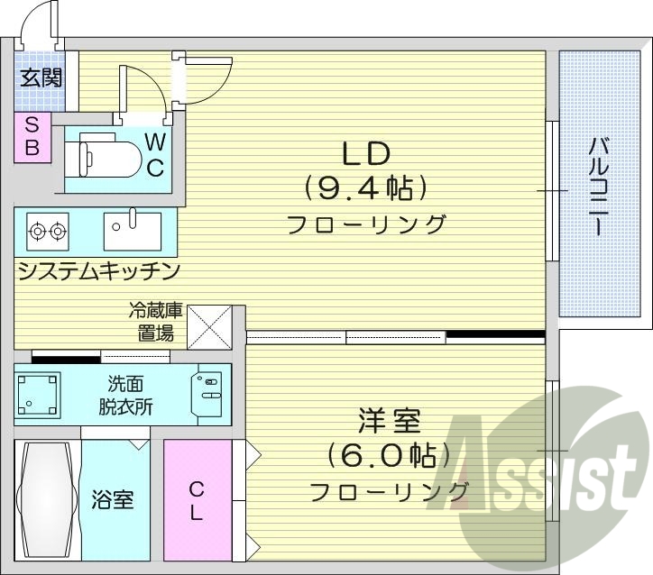 1LDK、都市ガス、エアコン、システムキッチン