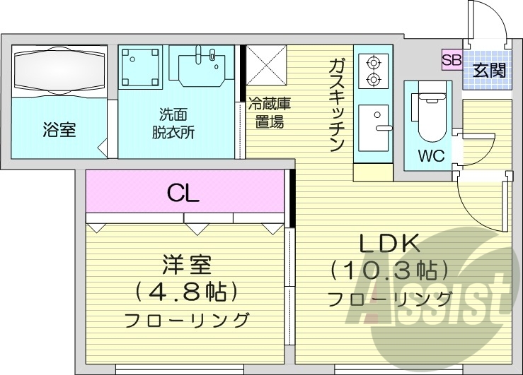 1LDK、オートロック、独立洗面台、インターネット無料