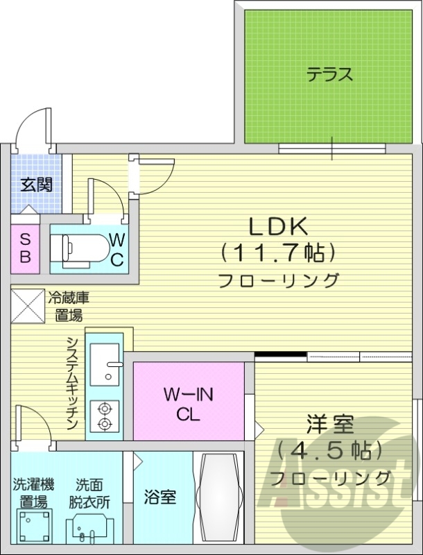 1LDK、都市ガス、エアコン、システムキッチン