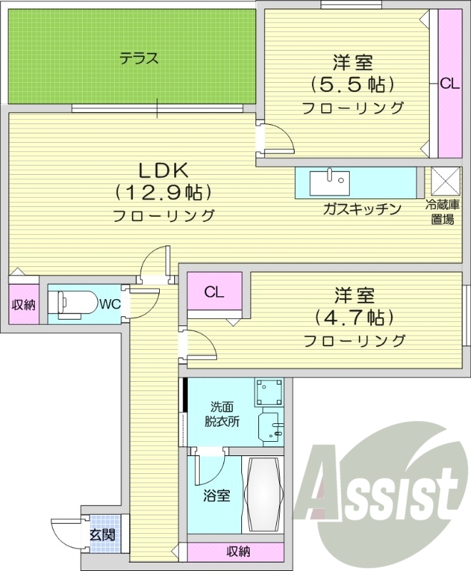 2LDK、オートロック、ペット可、ネット無料