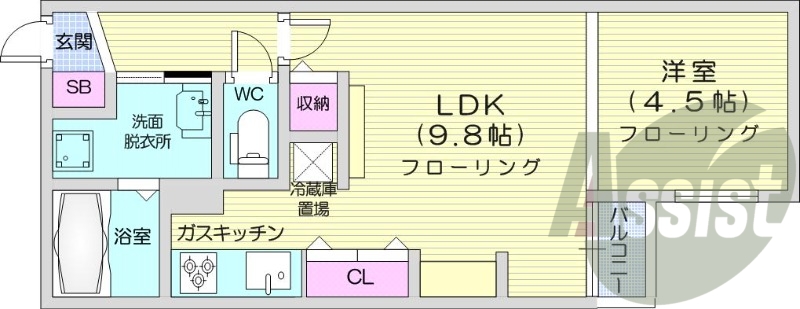1LDK、エアコン、都市ガス、独立洗面台、バストイレ別、