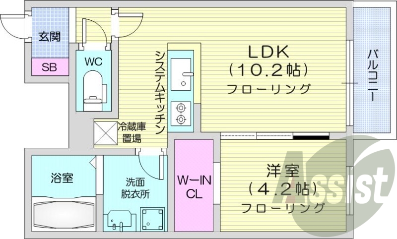 1LDK、エアコン、システムキッチン