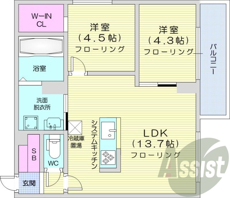 2LDK、エアコン、追い焚き、システムキッチン