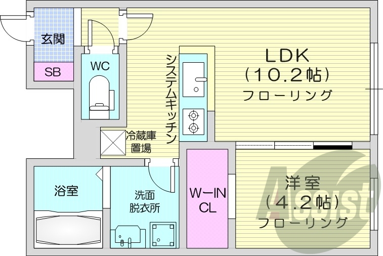 1LDK、エアコン、システムキッチン