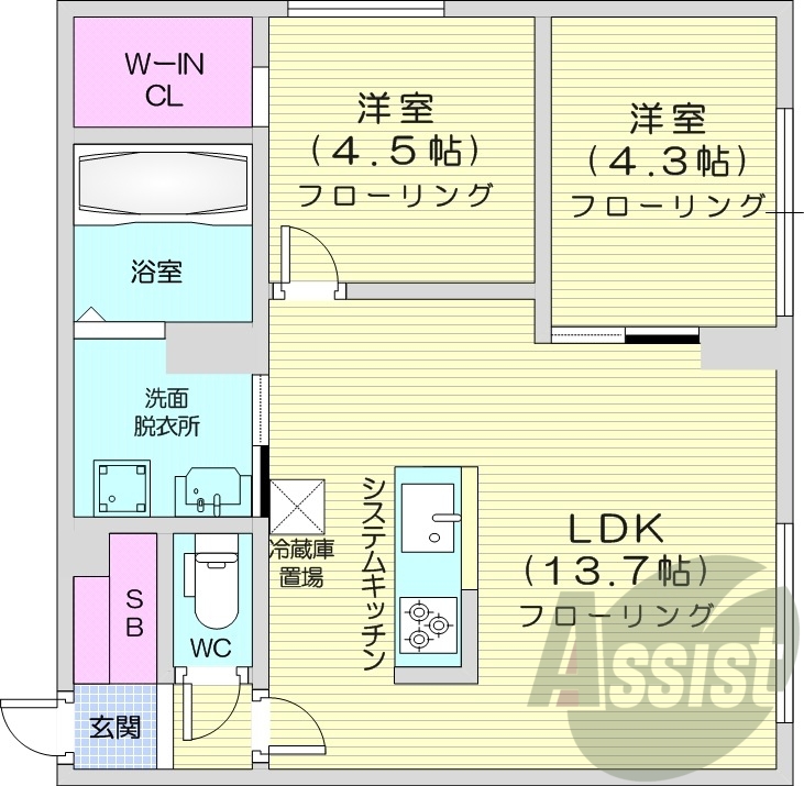 2LDK、エアコン、追い焚き、システムキッチン