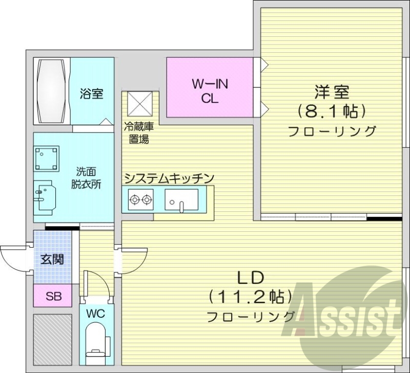 1LDK、都市ガス、エアコン、システムキッチン