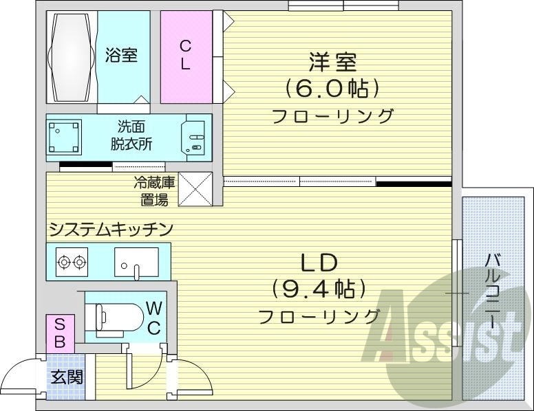 1LDK、都市ガス、エアコン、システムキッチン