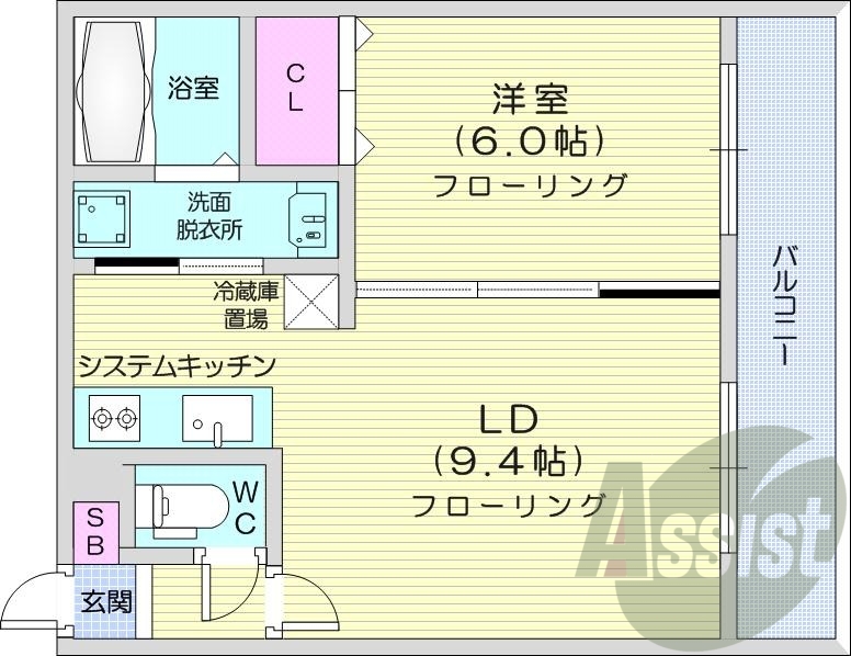 1LDK、都市ガス、エアコン、システムキッチン