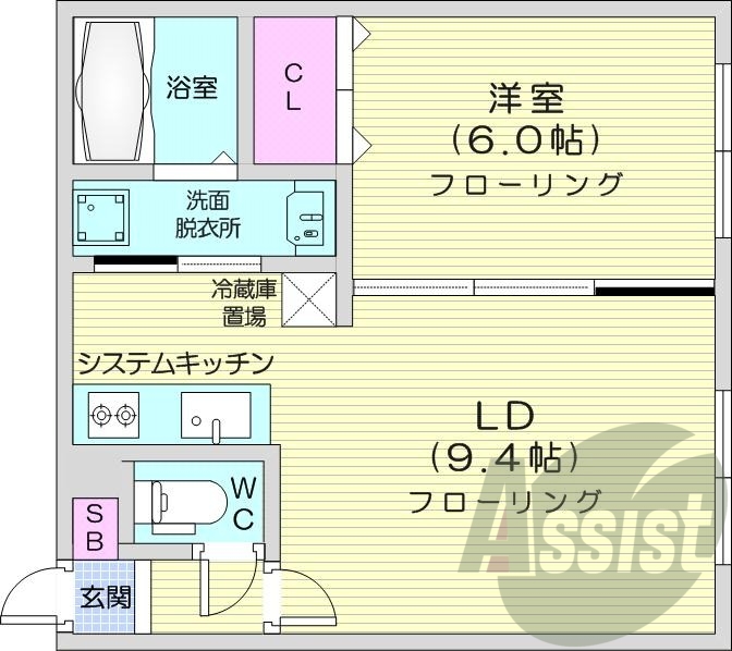 1LDK、都市ガス、エアコン、システムキッチン