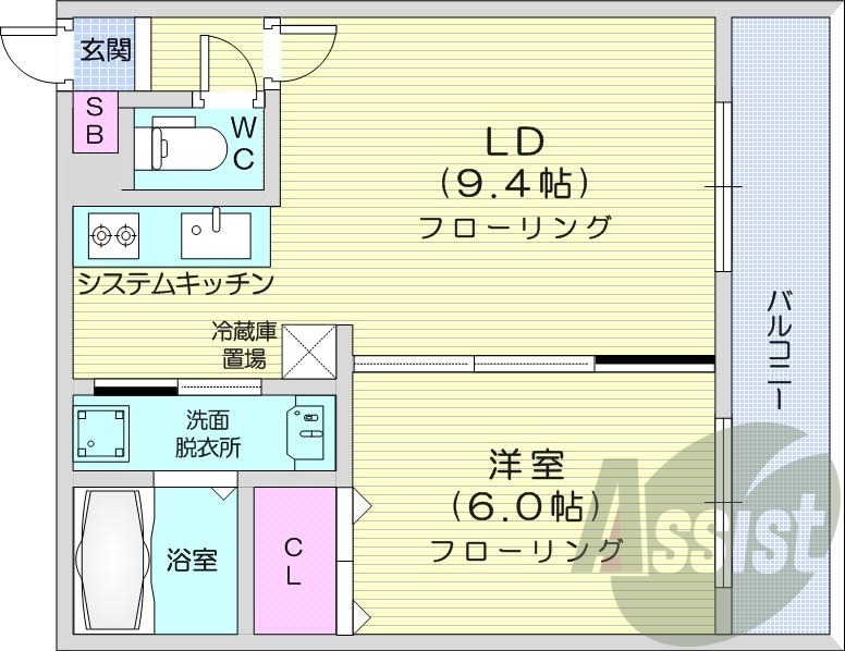 1LDK、都市ガス、エアコン、システムキッチン
