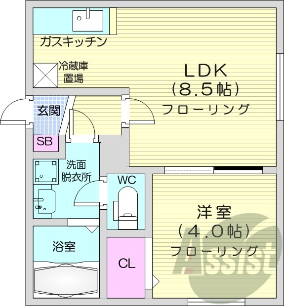 1LDK、角部屋、灯油暖房、バストイレ別