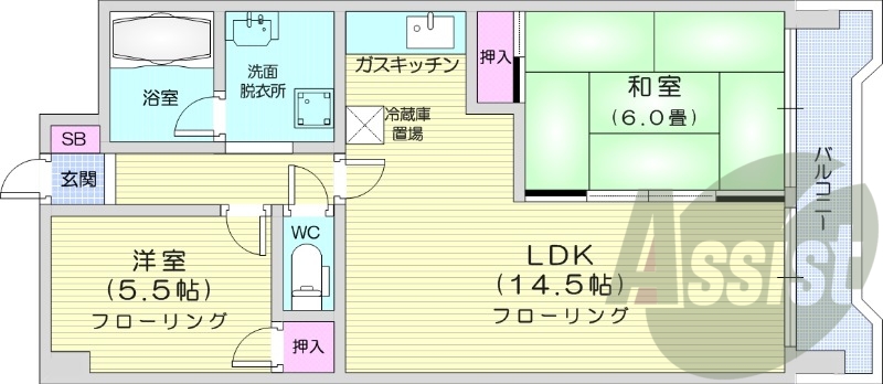 2LDK、都市ガス、分譲、システムキッチン、エアコン