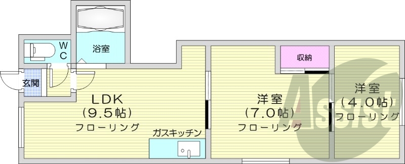 2LDK、バス・トイレ別、灯油暖房、シャワートイレ