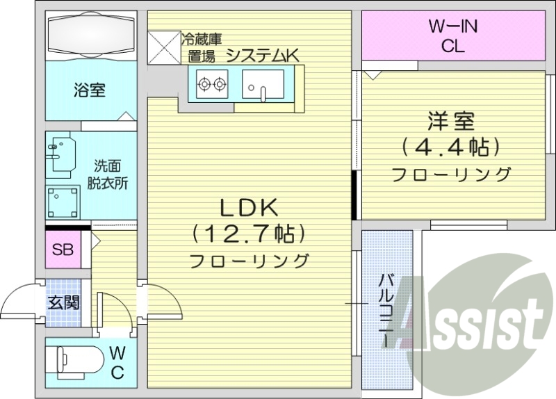 1LDK、エアコン、都市ガス、システムキッチン