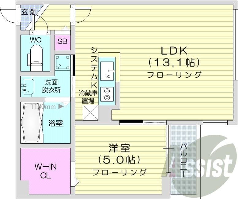 1LDK、エアコン、都市ガス、システムキッチン