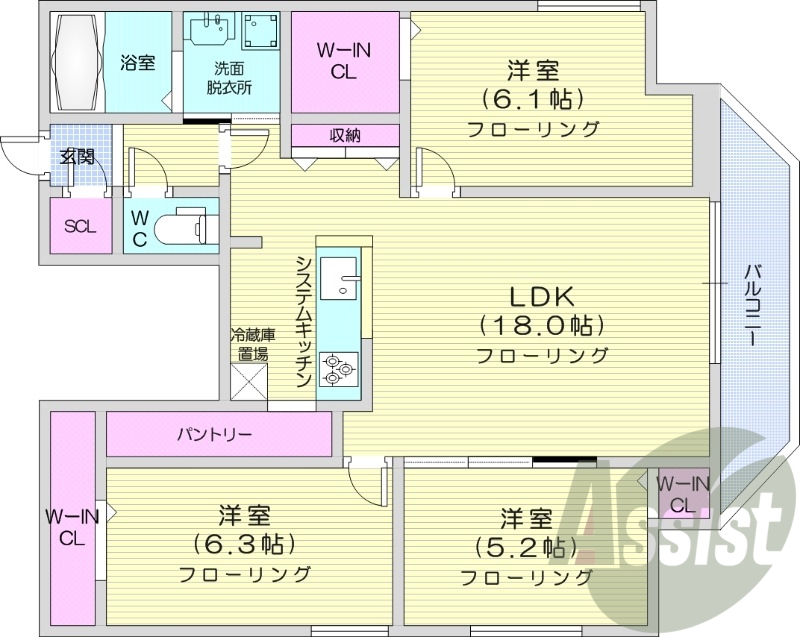 3LDK、エアコン、都市ガス、システムキッチン