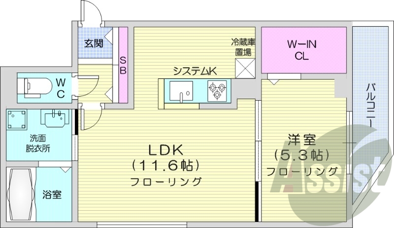 1LDK、エアコン、都市ガス、システムキッチン
