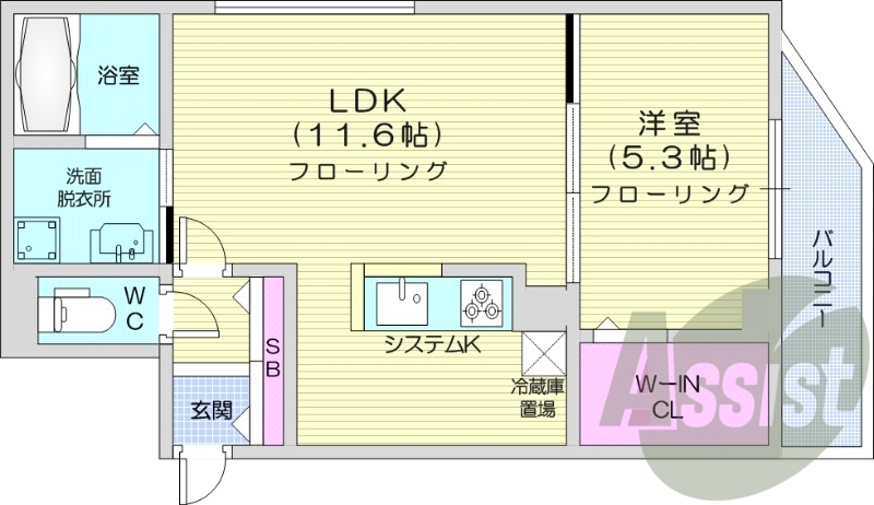 1LDK、エアコン、都市ガス、システムキッチン