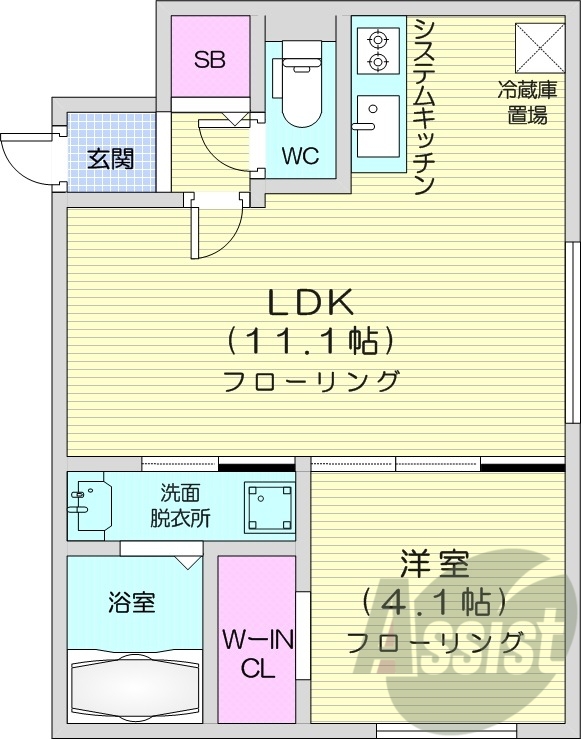1LDK、都市ガス、エアコン、浴室乾燥機、システムキッチン