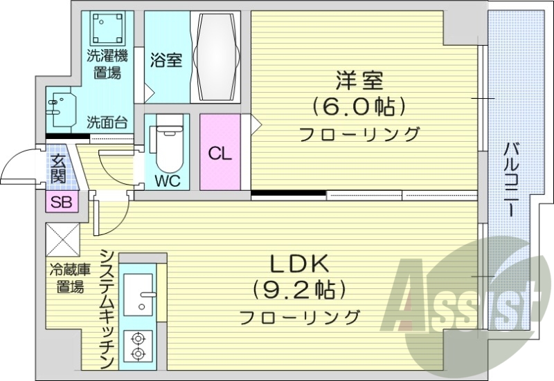 1LDK、エアコン、独立洗面台、システムキッチン、