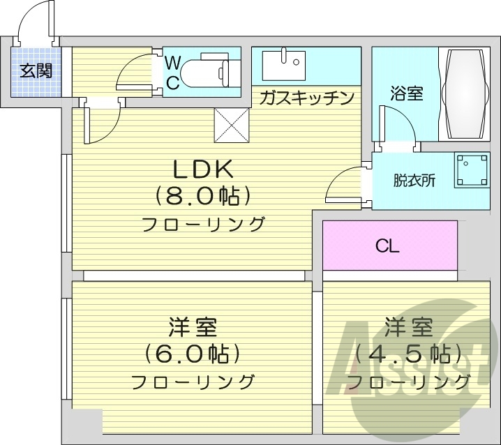 2DK、エアコン、バストイレ別、カメラ付きインターホン