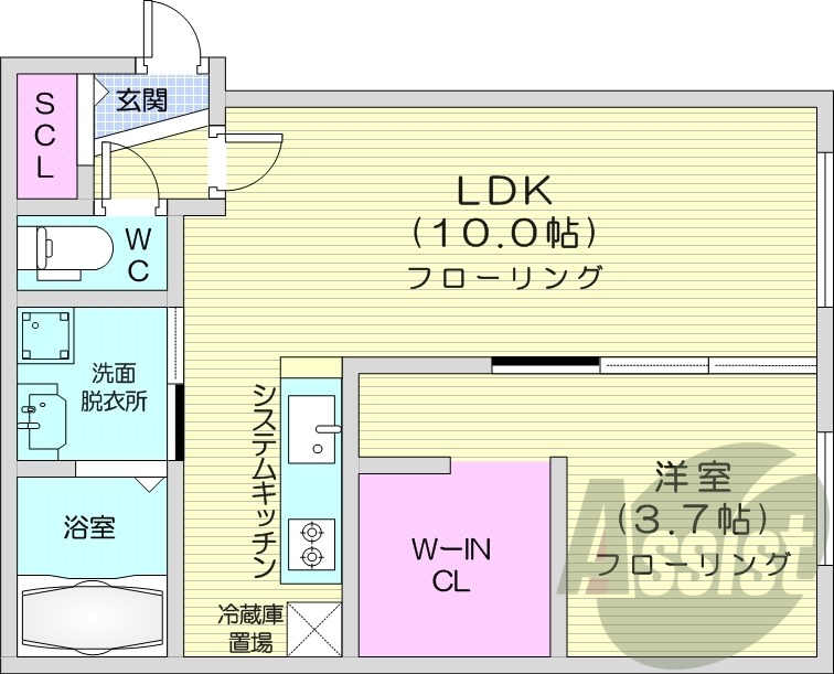 1LDK、エアコン、システムキッチン、都市ガス