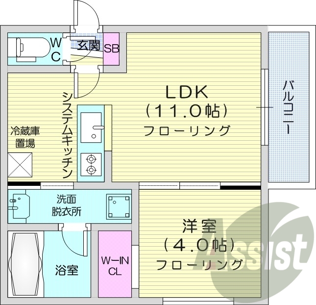 1LDK、エアコン、システムキッチン、ネット無料