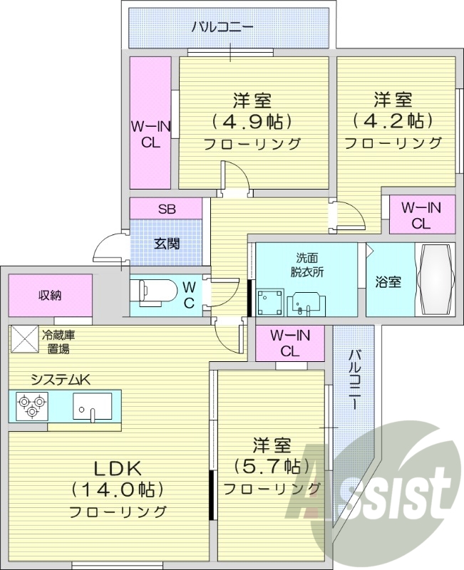 3LDK、エアコン、システムキッチン、ネット無料