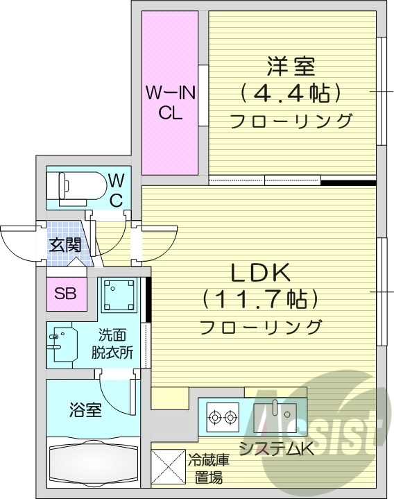 1LDK、エアコン、システムキッチン、ネット無料